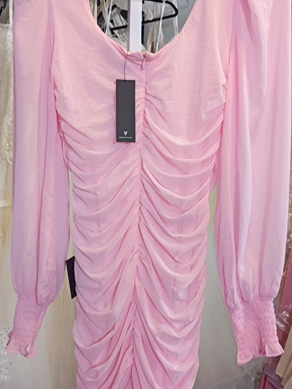NWT Lulus Perfect Sensation Pink Ruched Puff Sleeve Mini Dress Size L - Picture 7 of 7
